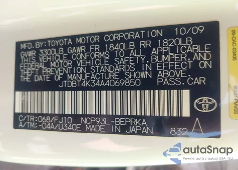 2010 Toyota Yaris z USA, uszkodzony, nr VIN JTDBT4K34A4069850